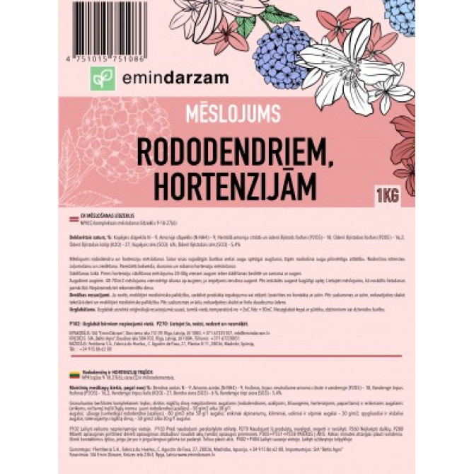 Emin Dārzam Mēslojums rododendriem, hortenzijām 1kg 