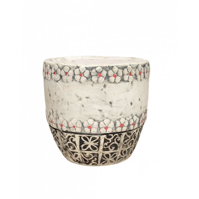 Puķu pods d12xh11cm ar puķainu apmali balts ar paliktni